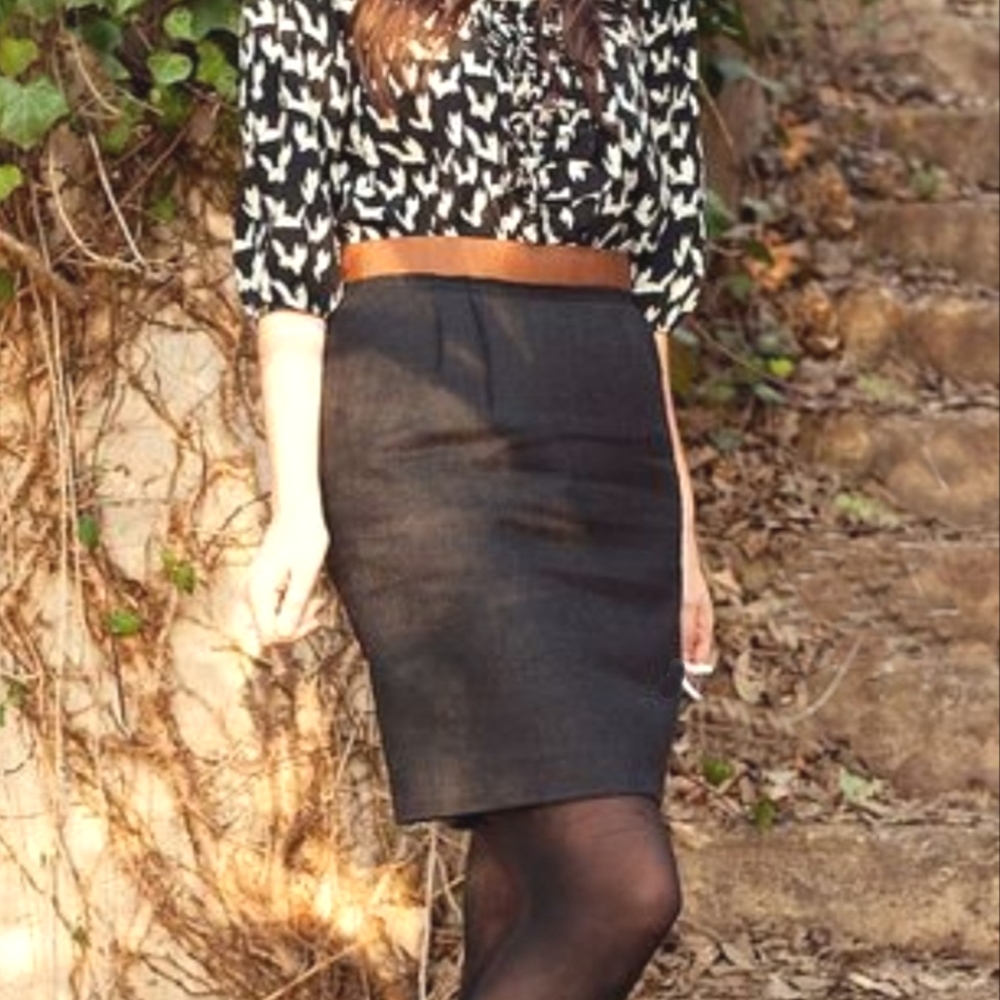 Dark Brown Skirt Knee Length Stretch Mini Belted Tailored Slit Career Business